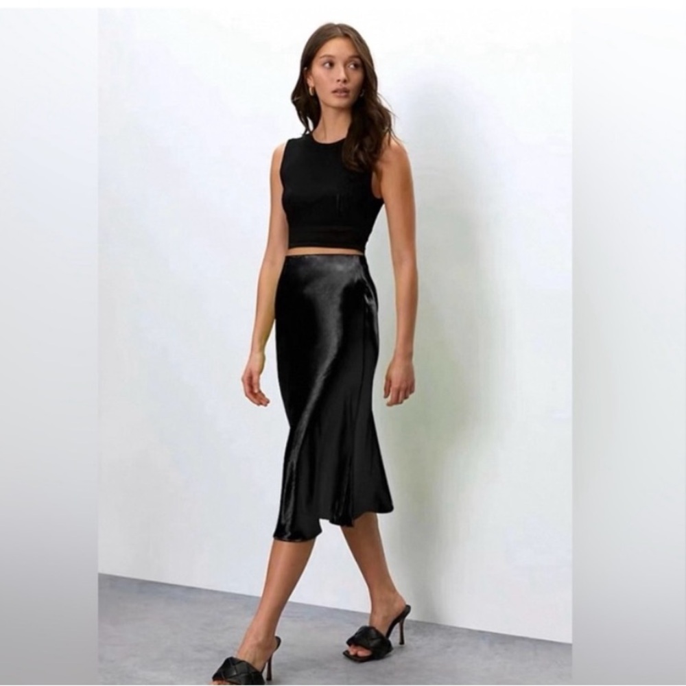 Aritzia Babaton Satin Slip Midi Skirt in black